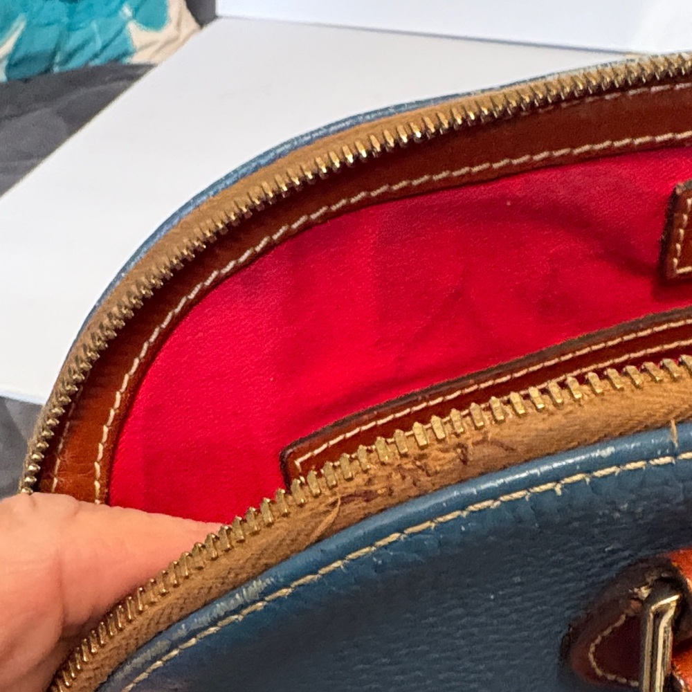 Dooney & Bourke Cerulean Blue and Tan Pebble Leather Domed Satchel - Picture 10 of 11